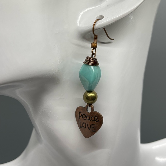 Turquoise boho  peace  & love heart brass charm drop earrings handmade - Picture 3 of 6